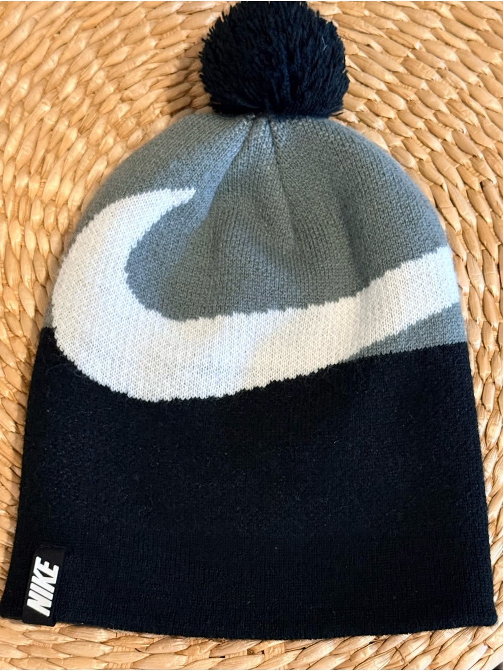Nike Kids Big Swoosh Pom Beanie Black Gray White Youth Winter Hat
